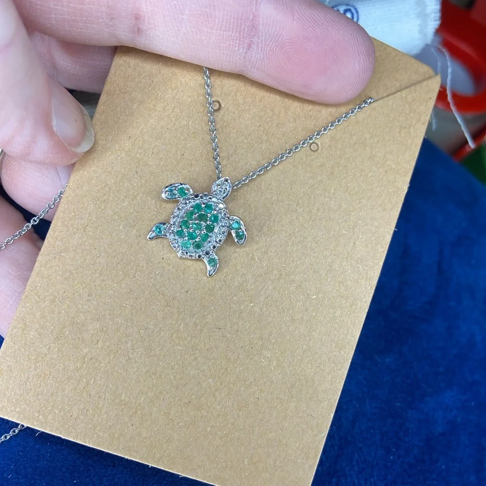 Genuine Emerald Sterling Silver 18 Inch Turtle Necklace - Picture 8 of 10